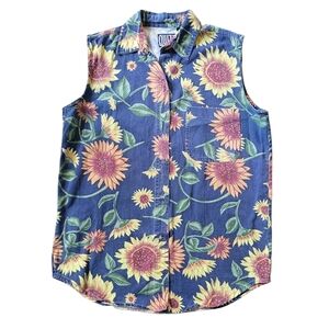 Floral Denim Sleeveless Top - Blue and Yellow